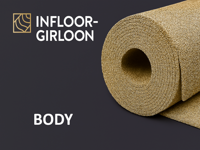 „Kategoriebild für Infloor-Girloon Body Teppichboden: strukturierter roter Teppichhintergrund mit Infloor-Girloon Logo oben links und weißem Schriftzug ‚BODY‘ mittig platziert.“